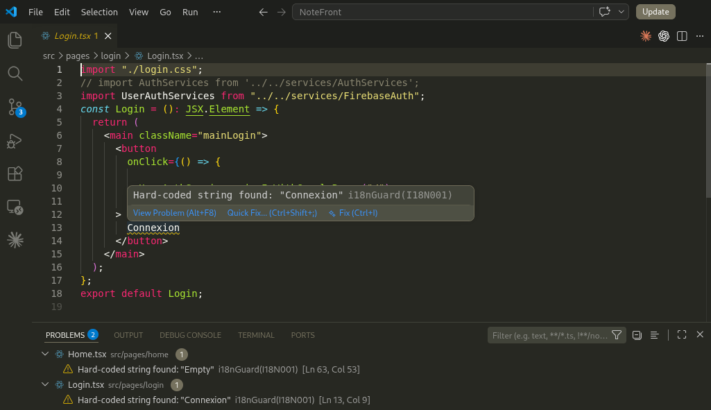 Extension VS Code i18nGuard : diagnostic d'une chaîne en dur avec quick-fix