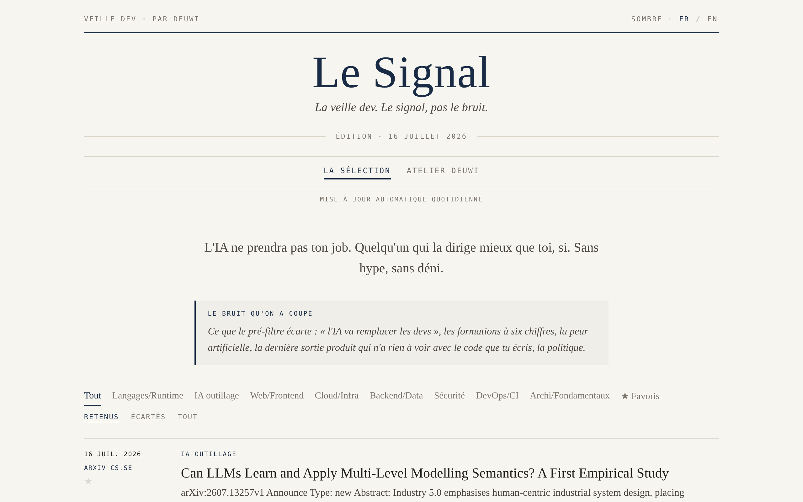 Interface de Le Signal — sélection quotidienne de veille dev, bilingue